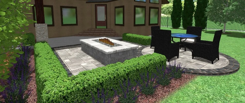 A landscape design rendering of a patio, fire pit, and shrubs in Omaha, NE.