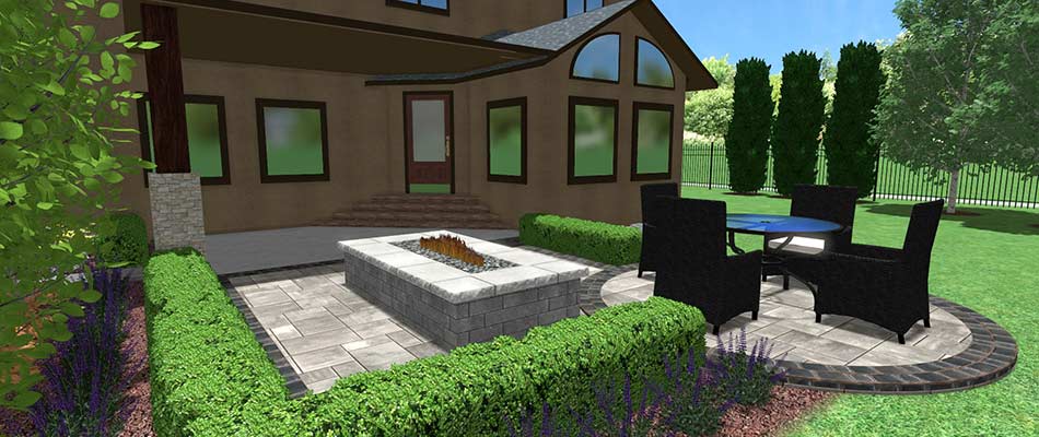 3D landscape design of a patio and fire pit for a customer in Omaha, NE.