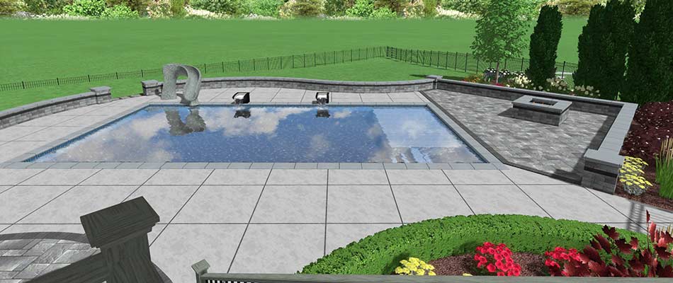 3D landscape design with a custom pool and patio near Chalco, NE.