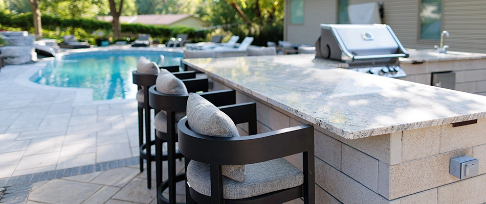 High top seats added to a countertop on an outdoor kitchen build in La Vista, NE.