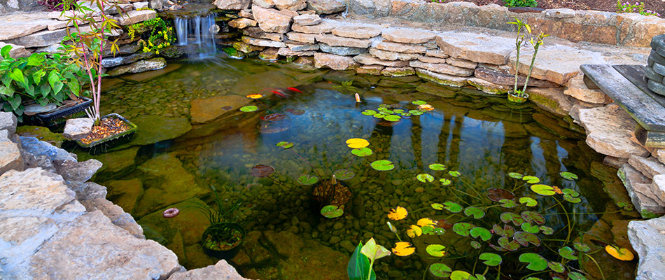 A lively pond with lily pads and a small waterfall surrounded by stone installed behind a home in Waterloo, NE. 
