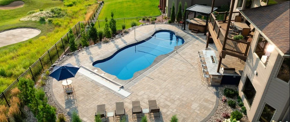 Aerial view of pool area on a property in Omaha, NE.