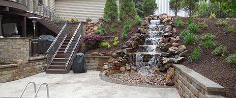 Custom water fall water feature at a home in Omaha, NE.
